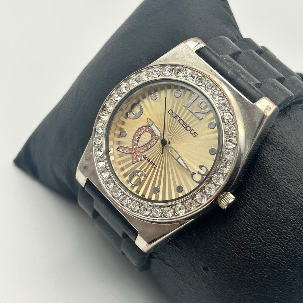 Concepts Breast Cancer Awareness Ribbon Watch Crystal Bezel Black Band Quartz - Picture 2 of 8